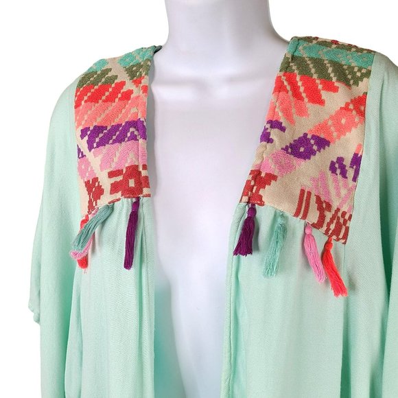 Judith March Wmns LG Kimono Topper Coverup Aztec Print Pastel Embroidered Tassel - Picture 2 of 9